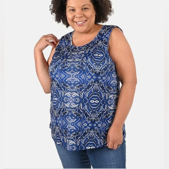 Tamsy Navy Wave Print Basic Scoop Neck Knit Tank - Picture 4 of 5